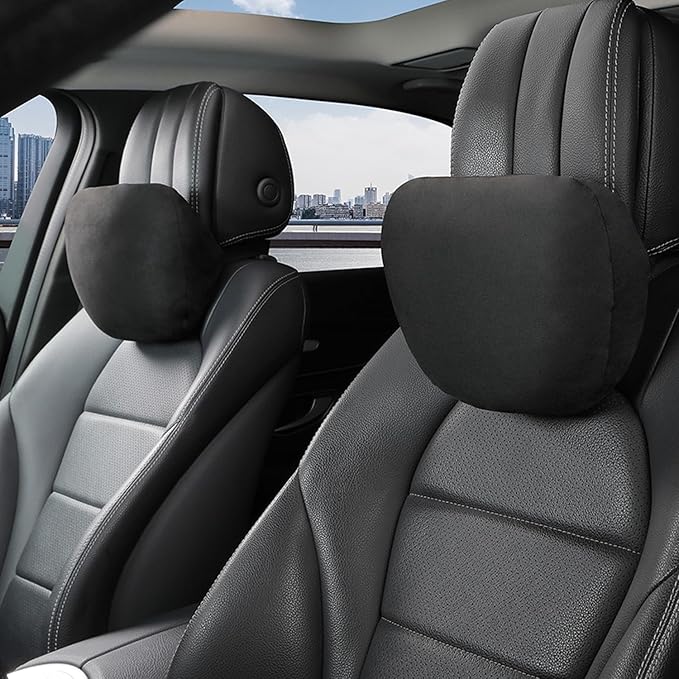 2pcs Car Neck Pillow for headrests,Support Drive Seats Head Cushion Pillows,Superfiber Suede,Plant-Based Polyester,Thickness & Height Adjustable,11.8x7.5,Inner Liner fillable (Black Color)