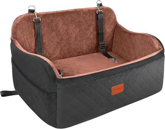 Dog Car Seat for Large Size Dog,Soft Fabric Car Dog Bed Filling Memory Foam,2 Clip-On Safety Leashs and 2 Pockets,Removable and Washable Comfy Pet Car Seat(Black/Brown, Large)