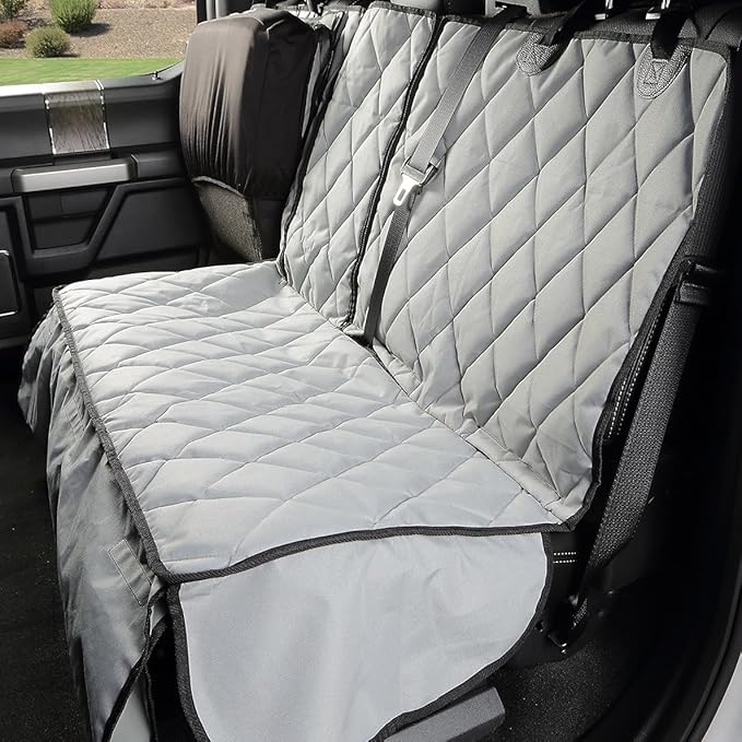 4Knines Bench Seat Covers for Trucks with Dog Hammock & Split-Tech - Rear Seat Protector for Dogs Fits Full Size Crew Cab with Split Bench Seats - Waterproof Dog Seat Cover (Passenger Side, Grey)