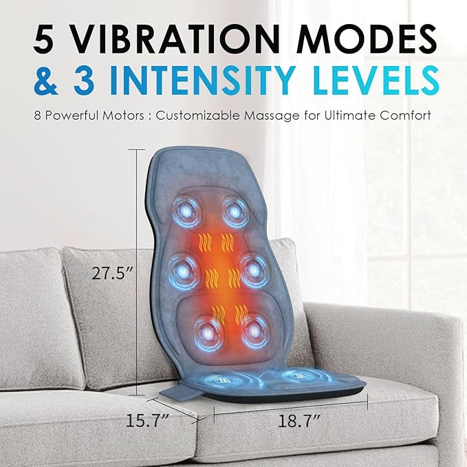 Back Massager with Soft Plush Fabric Cover, Massage Seat Cushion with 8 Vibration Motors & 2 Heating Levels, Chair Massager for Recliner, Office Chair, Sofa Use, Gifts for Dad Mom