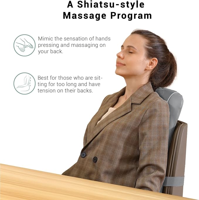 Mynt Gray Back Massager for Chair with Heat for Deep Tissue, Mesh Shiatsu Massage Chair Pad with 4 Deep Kneading Nodes, Heated Back Massage with a Seat Cushion
