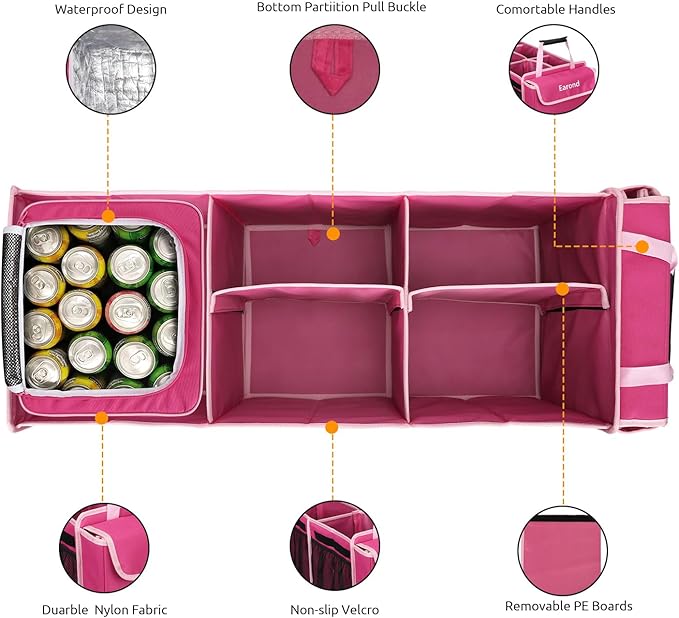 Collapsible Trunk Organizer with Insulated Leakproof Cooler Bag,Removable Lid,Adjustable Securing Straps,3 Compartments Trunk Organizer for SUV,Truck,Sedan(Pink)