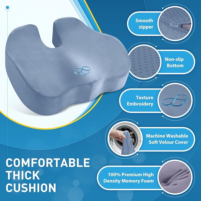 BlissTrends Seat Cushion,Thick Memory Foam Cushions for Office Chair, Car Seat, Airplane, Relieving Pressure Tailbone Sciatica Back Pain for Office Workers, Car Drivers 4.7in Thick LightBlue