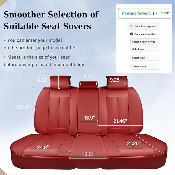 Coverado Rear Seat Covers, Faux Leather Car Seat Cover Back Seat, Dog Back Seat Cover, Red Backseat Car Covers, 3-Pieces Waterproof Seat Covers, Universal Car Seat Protector Fit Most Cars