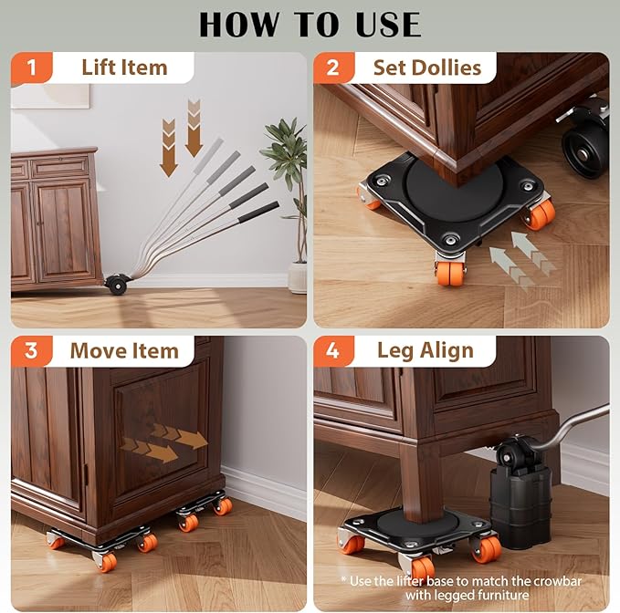 ONEON Furniture Mover Ultra with 10 Wheels – All-New Upgraded Heavy Item Moving Tool Double-Wheeled Low-Profile Dolly with Auxiliary Lifter, Full Carbon Steel Panels, Supports up to 2200 lbs