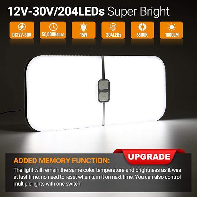 CT CAPETRONIX RV Lights Interior, 3 Color TEM Camper Lights, 204 LEDs Dimmable 12v Volt Led Lights Fixture, RV Ceiling Dome Light w Switch for RV/Camper/Car/Trailer/Boat (Warm Cool Natural White)