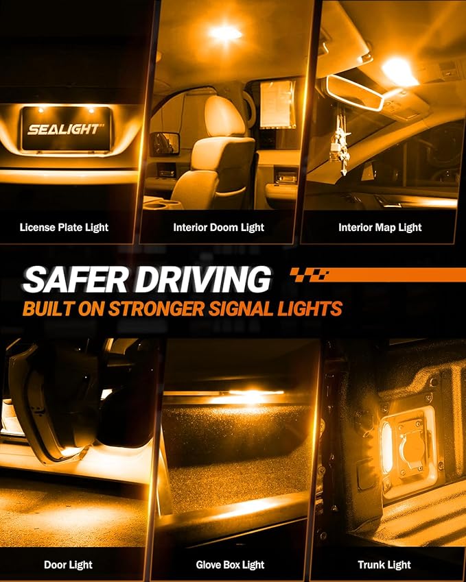 SEALIGHT 194 LED Bulb 2700K Amber, 168 2825 T10 W5W 3030 Bright LED Chips, Dome Light, Map Light, Door Light, Courtesy Light, License Plate Light, Pack of 10