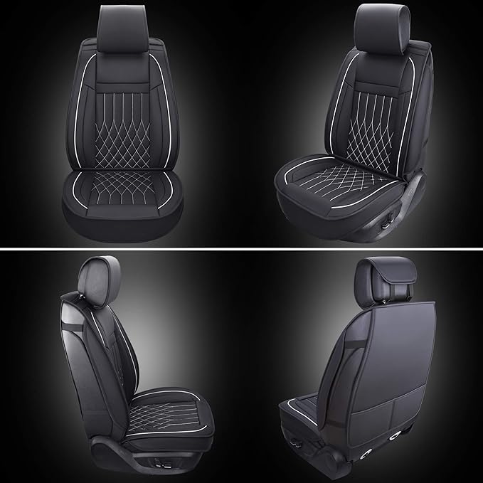 Aierxuan 2pcs Car Seat Covers Front Set with Waterproof Leather, Airbag Compatible Automotive Vehicle Cushion Cover Universal Fit for Most Cars (Black and White)