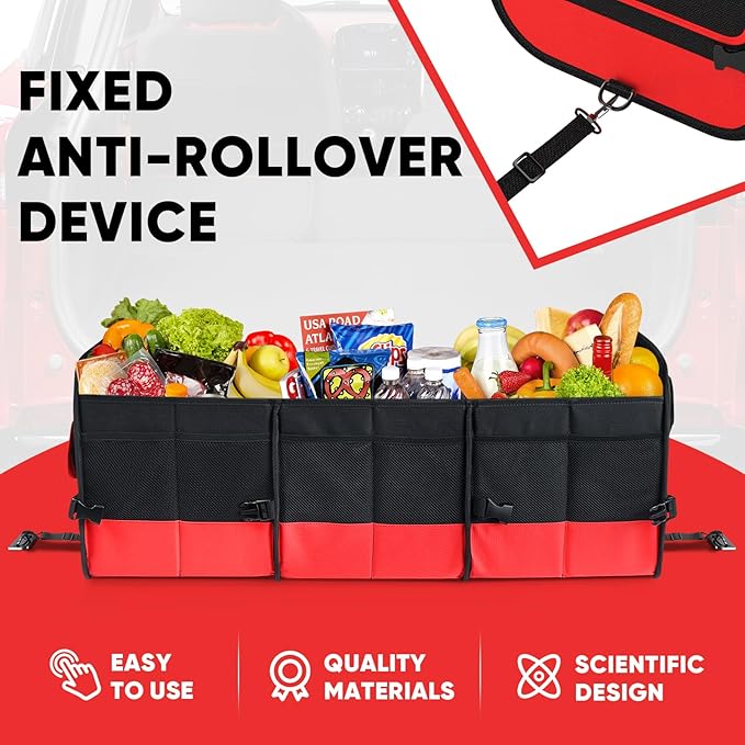 Simniam Large Trunk Organizer for Car, Foldable Multi Compartment Car Trunk Organizer with 2 Retractable Straps, Suitable for All Kinds of Cars, SUV, Minivan - 4 Compartments Red