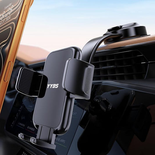 YYBS Car Dashboard Phone Holder for Windshield - Tesla Touch Screen Phone Mount with 360° Adjustable Aluminum Arm & Nano Adhesive Base for iPhone 17 Pro Max and All 4-7inch Smartphone (Black)