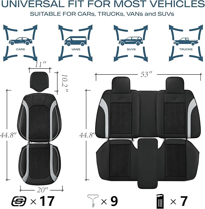 Skechers MAX Cushioning Car Seat Covers,Memory Foam Leather Seat Covers, Air Cooled Car Seat Cover Front Seats,Car Seat Cushion Airbag Universal Fit for Most Cars,Vans,Trucks,SUV,Grey
