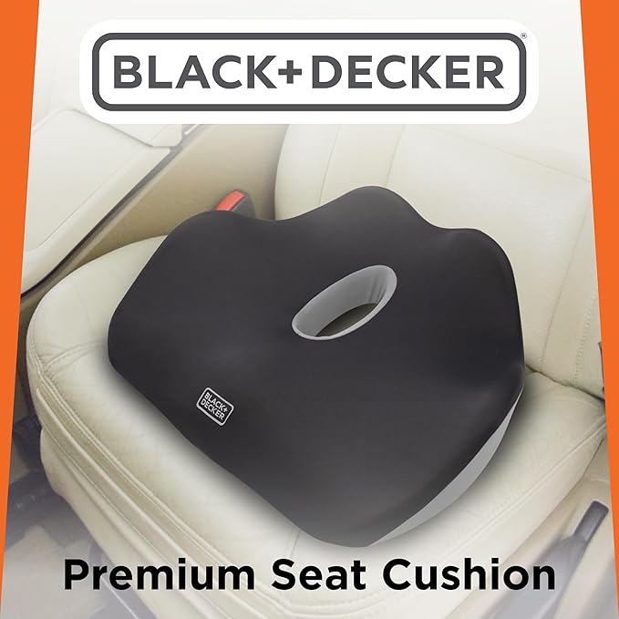 BLACK+DECKER Quilt Knit Car Foam Seat Cushion – Memory Foam Chair Cushion for Office, Car, Wheelchair & Airplane – Ergonomic, Non-Slip, Sciatic Pain Relief, Washable Cover
