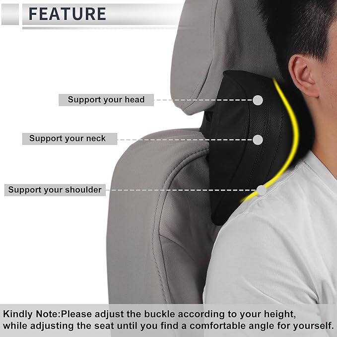 Car Headrest Pillow Ergonomic Comfortable Neck Support Pillow Nappa Leather and Memory Foam Adjustable Width Black 1 Pc for Driving Travel
