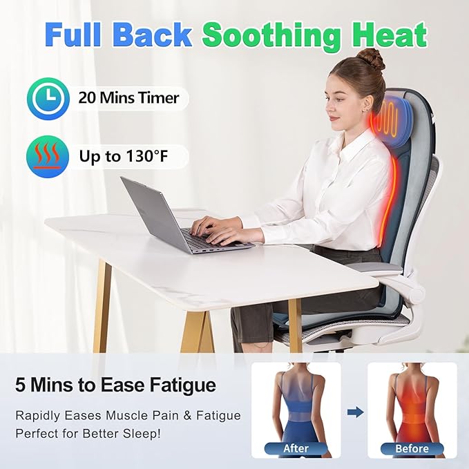 Back Massager with Heat for Chair, Massage Chair Pad with Neck Support, Short Plush Cover & Vibration, Seat Cushion For Seniors, Office Workers & Family, Fatigue & Pain Relief in Office, Home & Travel