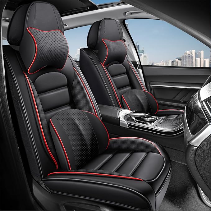 2 Car Seat Covers for Audi A4 2002-2026 Breathable Leather,Waterproof Car Seat Protectors with Comfort Headrest Pillows,Automotive Vehicle Cushion with Storage Pockets (Luxury,Redline)