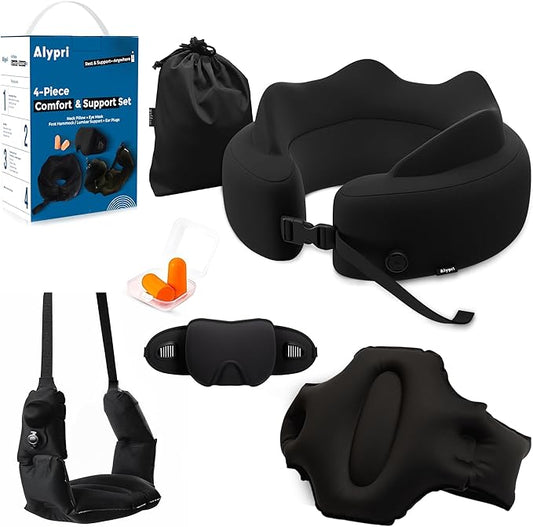 4-in-1 Travel Set – Inflatable Neck Pillow, Convertible Lumbar Support & Foot Hammock, 3D Sleep Mask & Ear Plugs – Complete Comfort Kit for Airplane, Office & Car – Gift-Ready (Black)