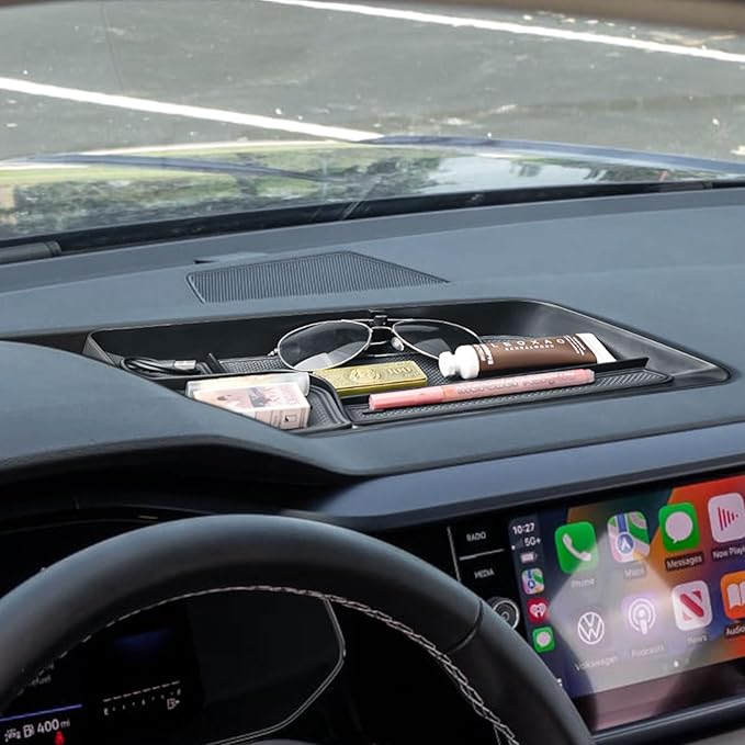 TACOBRO Interior Dashboard Storage Compatible with Volkswagen Taos 2022 2023 2024 Accessories, Taos Dash Mounted Organizer Tissue Holder Tray Box ABS Black