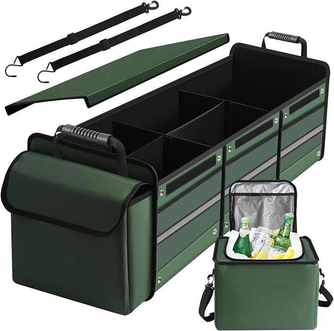 Car Trunk Organizer,115L Heavy Duty Collapsible Trunk Storage, with Insulated Leakproof Cooler Bag Vehicle Cargo Organizer with Lid, 3 Compartments, Straps For Car,Suv,Jeep,Sedan-Green