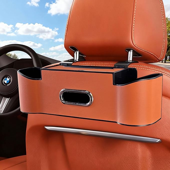Backseat Car Organizer,4 in 1 Multifunctional Car Back Seat Storage Box with Drink Cup Holder Tissue Box, for Hold Phone,Snacks, Drinks, Handbag (Orange)