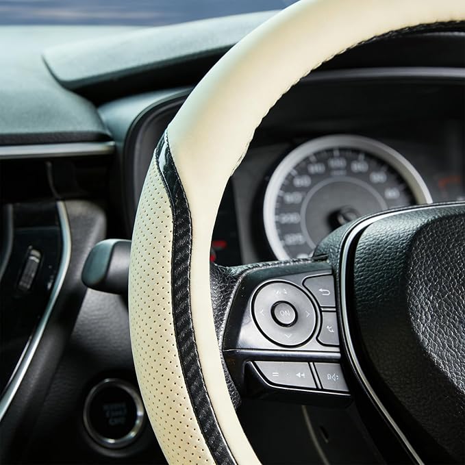 Car Steering Wheel Cover Beige, 14.5-15 inch Steering Wheel Covers with Coasters Microfiber Leather Carbon Fiber Breathable Anti-Slip Durable Universal Auto Steering Wheel Protective