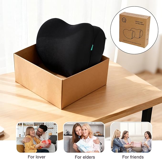 2Pcs 2025 Double-Layer Car Pillow, Cloud-Like Comfort Car Neck Pillow, Dual C-Curve Support Car Headrest Pillow – Experience First-Class Driving Comfort. (Black)