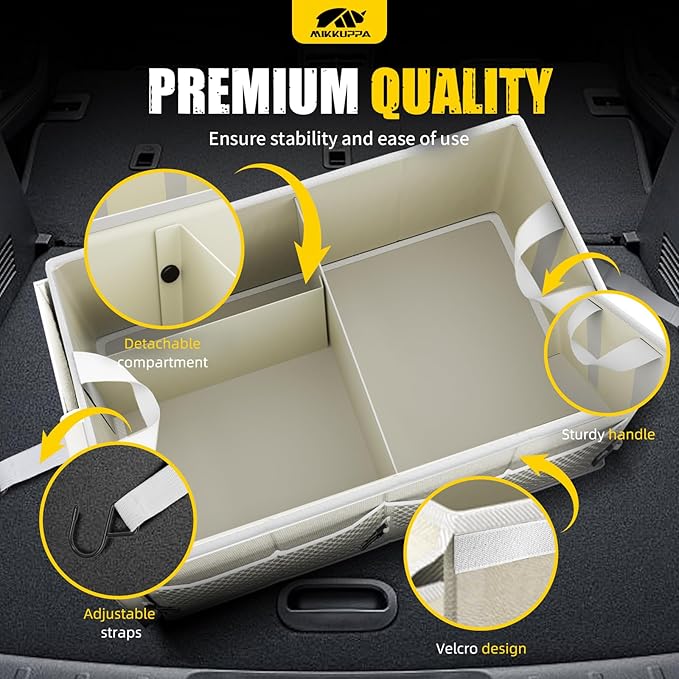 MIKKUPPA Car Trunk Organizer - 65L Collapsible Trunk Organizer with Lid, Sturdy Car Storage for SUV Auto Truck Van with Adjustable Straps and Non Slip Bottom (White)