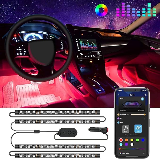Govee Car LED Lights, Smart Car Interior Lights with App Control, RGB Lights with DIY Mode and Music Mode, 2 Lines Design LED Lights for Cars with Car Charger, 12V