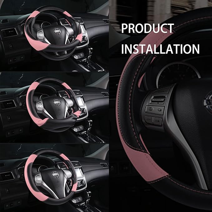 Leather Car Steering Wheel Cover, Non-Slip Car Wheel Cover Protector Breathable Microfiber Leather Universal Fit for Most Cars(Pink)