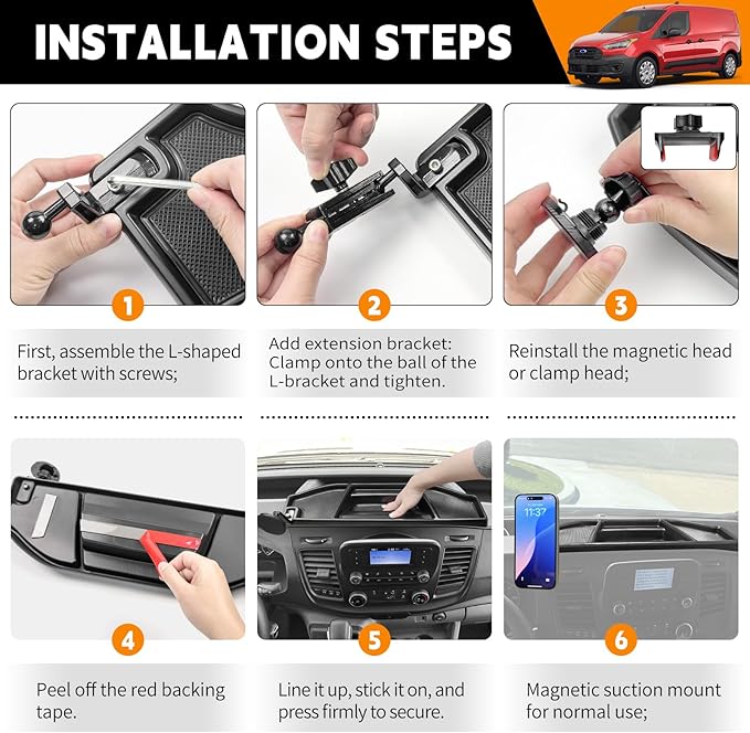 Dashboard Phone Holder Compatible with 2020-2026 Ford Transit 150 250 350 Center Console Organizer Dashboard Phone Multi-Mount Kit Dash Tray for 2025 Transit Accessories(Transit 2020-2026)