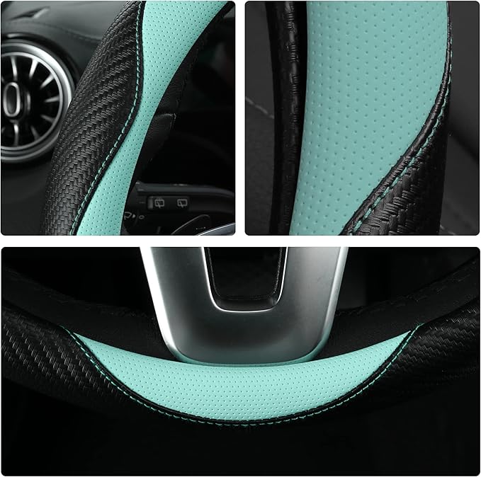Car Steering Wheel Covers for Women Padded Carbon Fiber PU Leather Cute Auto Interior Accessories for Vehicle, Sedan, Universal, Anti Slip, Green, Standard Size, 14.75-15.15in
