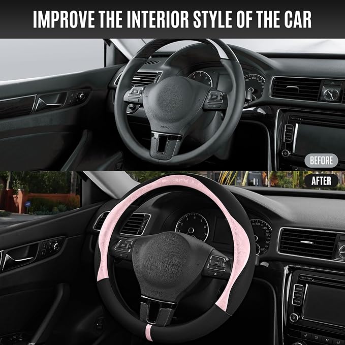 PIC AUTO Steering Wheel Cover, Pink Patterned & Black Leather Patchwork Design, Universal Fit 14.5"–15.5", Anti-Slip, Odor-Free, Soft PU Grain Leather, Durable Grip Car Accessory for Girls & Women