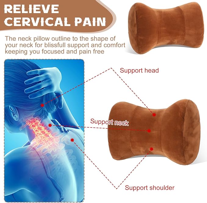 Youyole Car Neck Pillow for Driving Seat 11.8 x 7.87 x 4.7 Inches Office & Gaming Chair Neck Support Pillow Memory Foam with Strap Velvet Cover for Car Driving and Desk Use(Coffee)