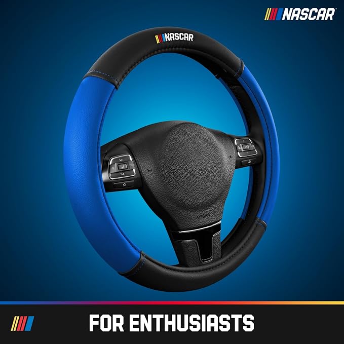 NASCAR Steering Wheel Cover, Two-Tone Blue Leather Patchwork, Universal Fit 14.5"-15.5" Steering Covers for Cars, Anti-Slip, Soft Grip, Odor-Free, Trucks & SUVs, Racing Style Interior Upgrade