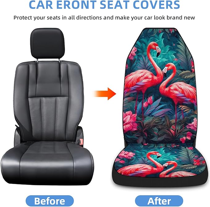2 Pcs Premium Flamingo Car Seat Cover, Breathable & Washable Car Seat Covers Full Sets, Fashionable Printed Seat Covers for Cars Interior, Universal Fit for Most Cars, Sedan, Truck, SUV