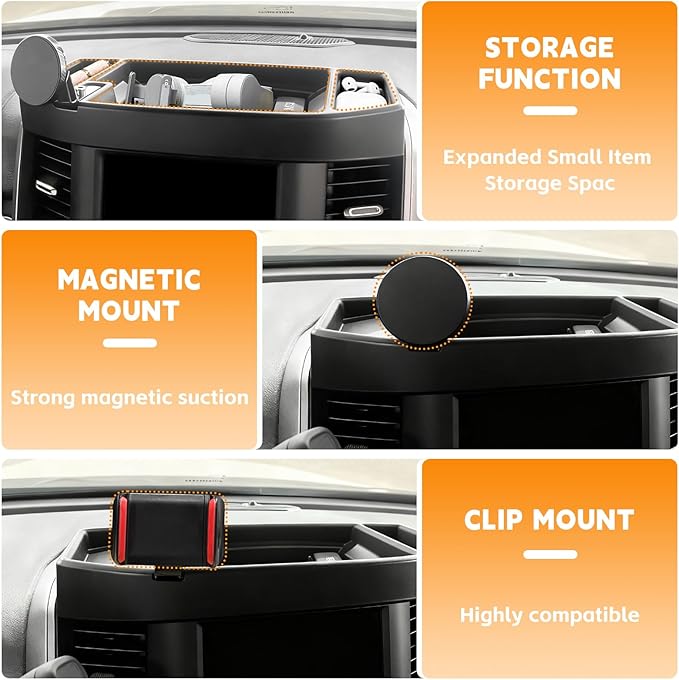 5" 8.4" Screen Dashboard Phone Holder Compatible with 2019-2026 Ram 1500 2500 3500 w/12V Outlet Part Center Console Organizer Dash Tray Phone Mount for 2025 RAM Accessories(DodgeRam 2019-2026)