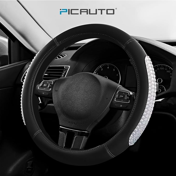 PIC AUTO Steering Wheel Cover, Glitter Gel Particles & Black Luxury Leather Car Steering Cover, Universal Fit 14.5"-15.5" Anti-Slip Car Wheels Cover for Girls & Women