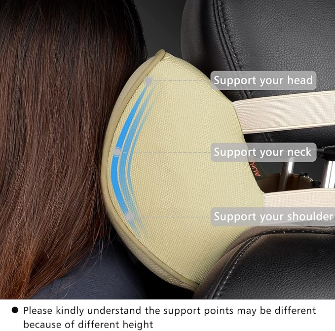 Aukee Car Neck Pillow Soft Memory Foam Leather Headrest for Driving Home Office Beige (Pack of 2)