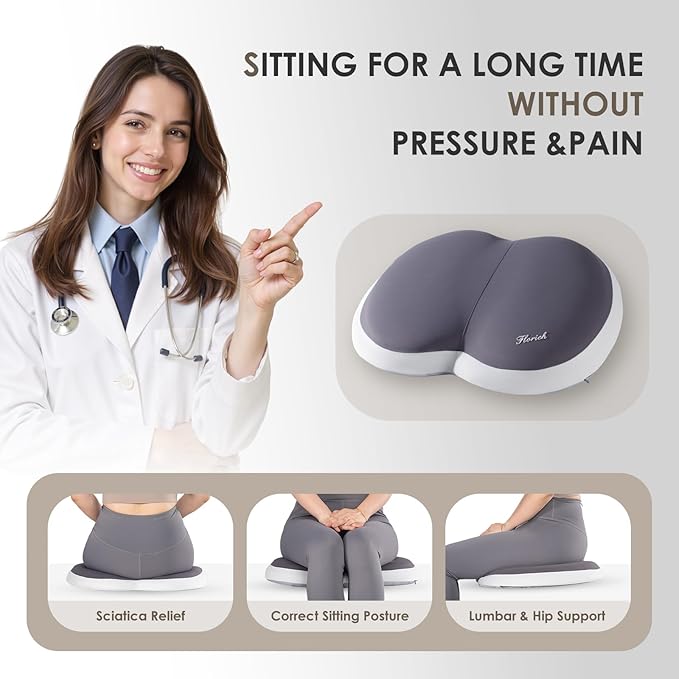 FLORICH 3 PCS Seat Cushion for Carseat Lumbar Support Pillow Car Neck Headrest Pillows Ultrathick Memory Foam Seat Pads Pressure Relief Back Cushion for Office Chair(Beige Grey)