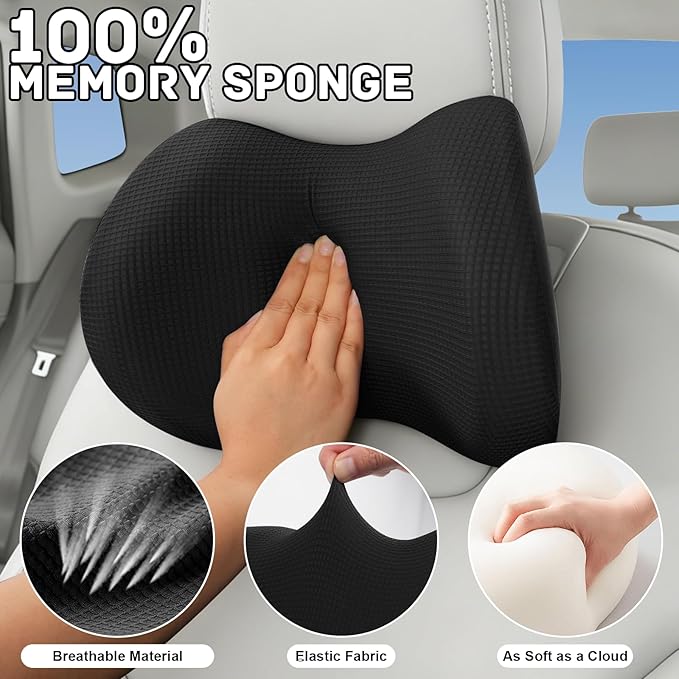 Arazi 2-Pack Car Headrest Pillow Memory Foam Car Neck Pillows for Driving with Adjustable Strap, Neck Support for Pain Relief, Breathable Removable Cover, Fit All Car Seats - Black