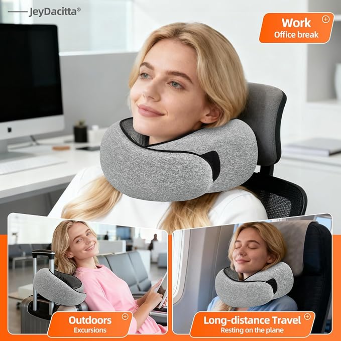 Premium Travel Pillow, Upgraded Memory Foam Neck Pillow, 360° Ergonomic Design Airplane Pillow Travel Pillows for Airplanes, Cars, Offices, Home Use, Large (Light Gray)
