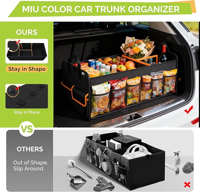 MIU COLOR Trunk Organizer for SUV, Collapsible Trunk Organizer for Car, Non-Slip Bottom, Storage Organizer for Sedans, Van, Jeep, Grocery, Large 4 Compartments, Black Mixed Orange 32"×13"×12"