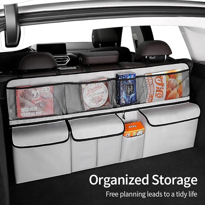 Hanging Car Trunk Organizer, Collapsible Backseat Storage Bag with 8 Large Pockets for Medium or Large Size SUV, Truck, MPV, Car Interior Accessories (Light-gray)