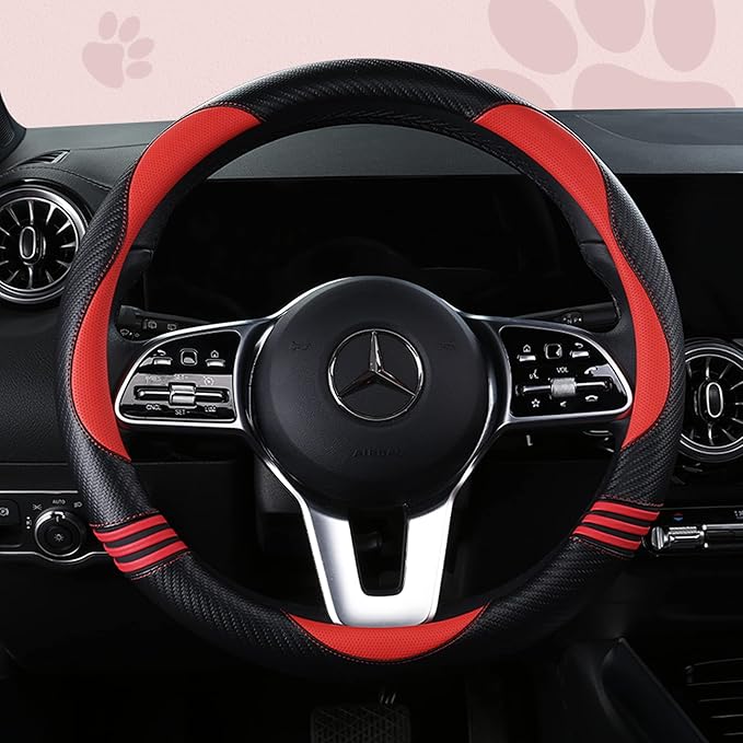Car Steering Wheel Covers for Women Girl Padded Carbon Fiber PU Leather Cute Cartoon Auto Interior Accessories for Jeep, Truck, Universal, Anti Slip, Red, Large Size, 15.2-16in
