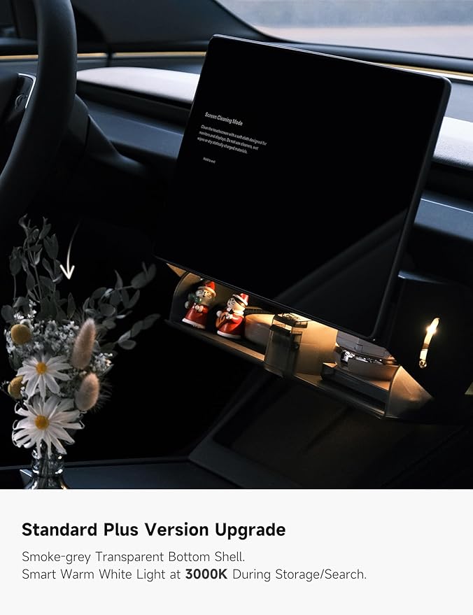 TPARTS Hidden Magnetic (Under Screen) Storage Box for Tesla Model 3 Highland 2024+/Model Y Juniper 2025+, Open-Close Design Console Organizer Dashboard Tissue Holder with Smart Warm White Light