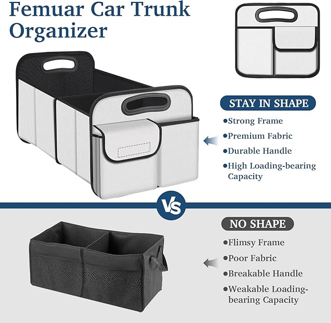 Femuar Car Trunk Organizer, Car Storage Organizer with Large Capacity Waterproof Collapsible Trunk Organizer for Car Suv/Jeep/Sedan (Beige, Standard)