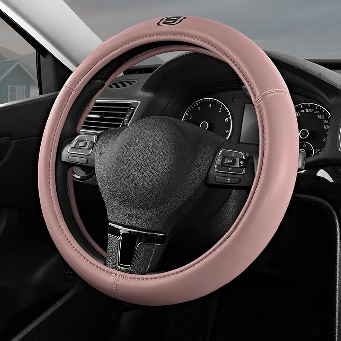 Skechers Memory Foam Pink Steering Wheel Cover,Grade Protein Leather Steering Wheel Cover,Universal Fit 14" 1/2-15" Car Wheel Cover for Women Stylish Decor Gifts Fit Suvs,Vans,Sedans,Car,Trucks,Pink
