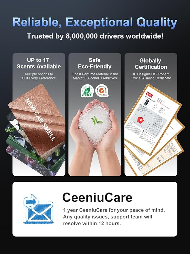 Ceeniu Smart Car Air Fresheners, New Smell Experience By Ultrasonic mist, Auto On/Off, Natural Fragrance Lasts for 4 Months, Adjustable, Built-in Battery Car freshener