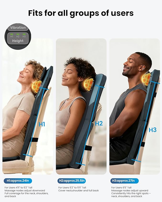 COMFIER Shiatsu Back Massager Chair Pad with Heat, Deep Tissue Massage Seat Pad for Neck and Back, Foldable Full Back Massager Chair Cushion with Adjustable Height & Vibration Seat