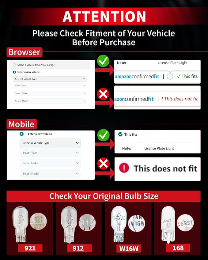 LASFIT 921 LED Bulb Reverse Light, 906 W16W 912 T15 LED, Non-polarity, 6000K White Bright Canbus Error Free, Back Up Light Replacement Cargo Lights for Car/Trunk, Pack of 2