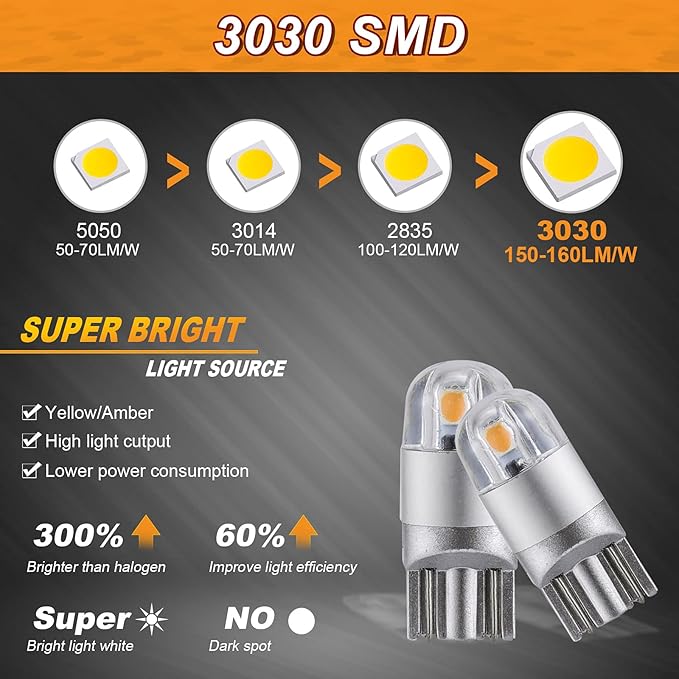Auxbeam 194 T10 LED Bulbs Amber Yellow, Non-Polarity Extremely Bright 168 W5W Car Interior Lights, T10 Replacement Bulb for License Plate lights, Dome Map Light, Dashboard Lights, 2 PCS
